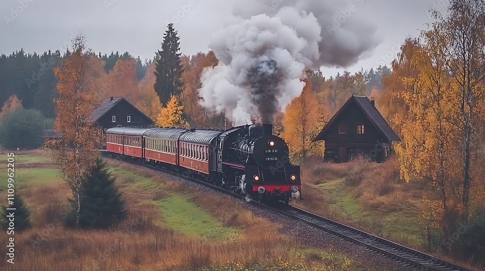 Fototapeta premium A vintage steam train chugs through a colorful autumn landscape with wooden houses nearby.