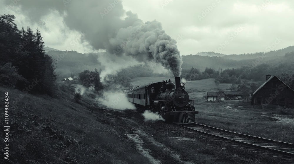 A Steam Locomotive Chugs Through a Misty Rural Landscape A Steam Locomotive Chugs Through a Misty Rural Landscape