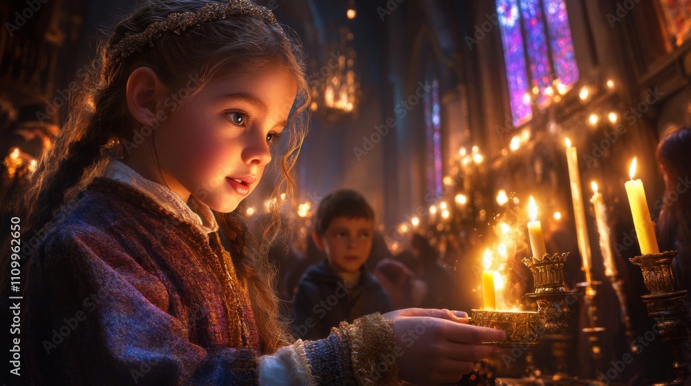 Young Girl Lighting Candles in a Church Young Girl Lighting Candles in a Church