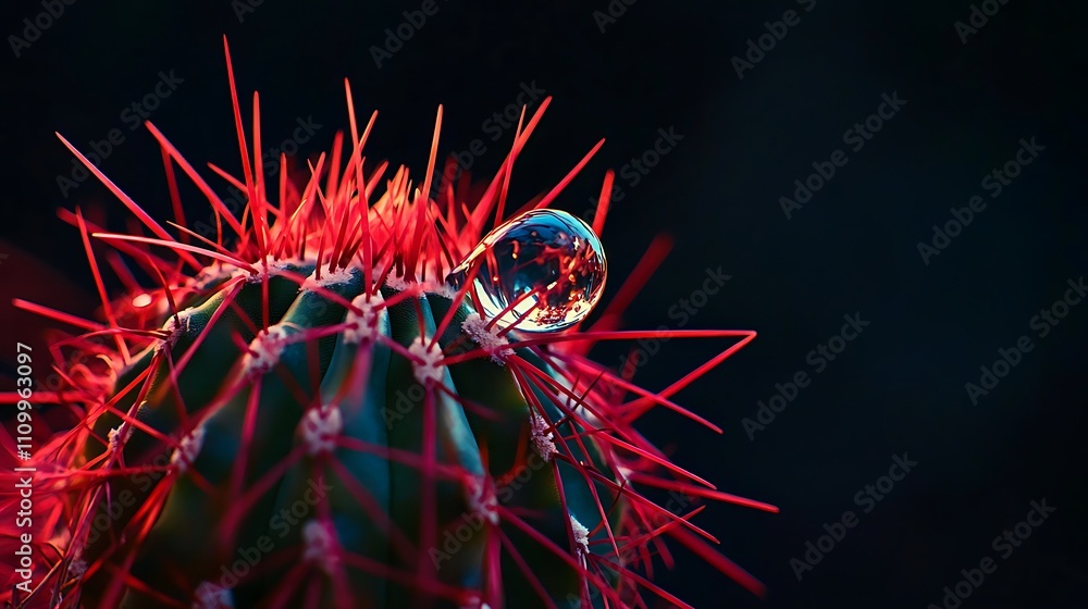 Vibrant Red Cactus Spines Hold a Dewdrop Globe Vibrant Red Cactus Spines Hold a Dewdrop Globe