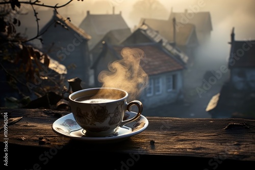 Wallpaper Mural Foggy Morning Coffee: Capture the steam rising from a cup of coffee in a misty village morning. Torontodigital.ca