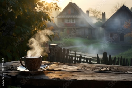 Wallpaper Mural Foggy Morning Coffee: Capture the steam rising from a cup of coffee in a misty village morning. Torontodigital.ca