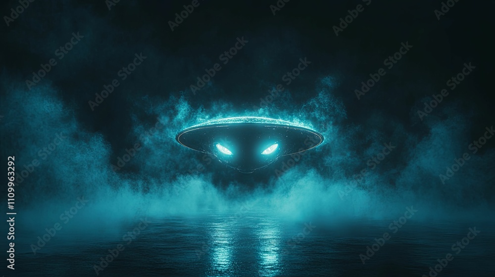 Glowing Alien Spaceship Over Water At Night Glowing Alien Spaceship Over Water At Night