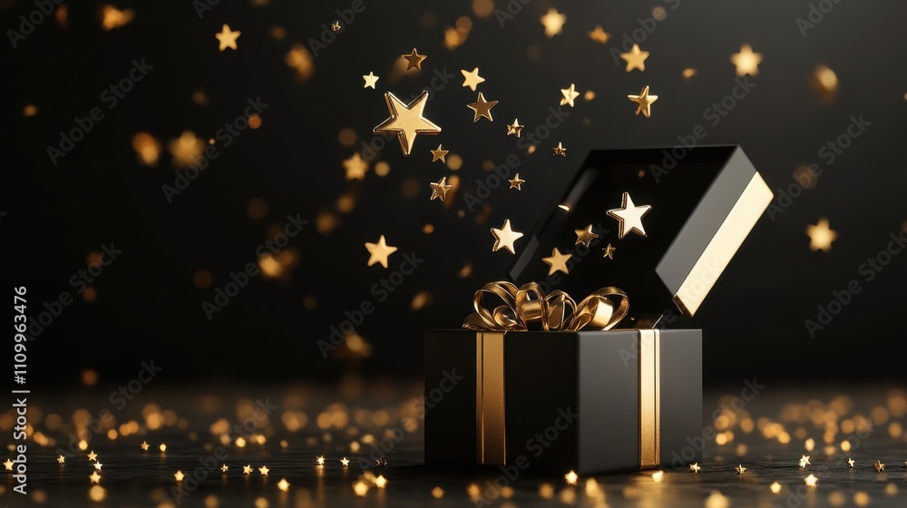Black Gift Box with Golden Stars and Glitter on Dark Background Black Gift Box with Golden Stars and Glitter on Dark Background