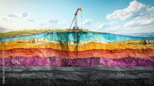 Earth cutaway showing vibrant geological layers; a drill penetrates deep into an oil-rich layer, symbolizing advanced Chinese drilling.