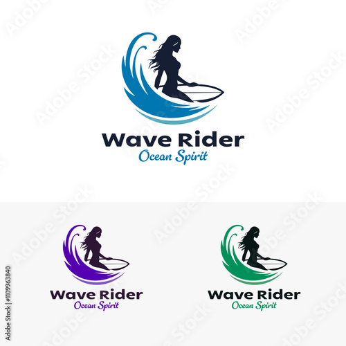 Wave Rider Ocean Spirit shows a female surfer riding a wave, great for promoting beach vacations, surf lifestyle, and outdoor activities. ESP Layered Vector File