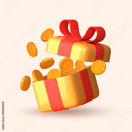 3D open gift box spilling gold coins, symbolizing gifts and surprises.