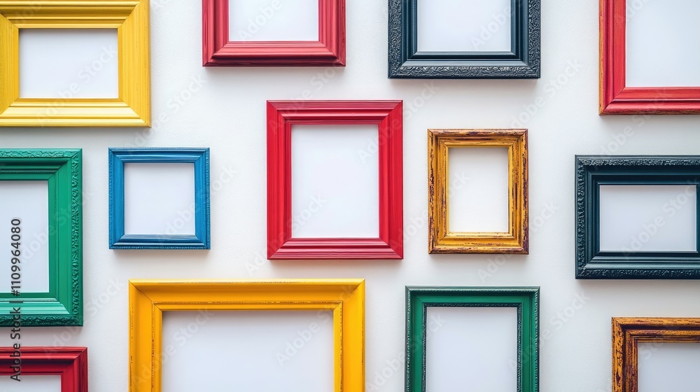 Empty, bold picture frames in intense colors lined up and overlapping on a white wall, symbolizing unity in diversity Empty, bold picture frames in intense colors lined up and overlapping on a white wall, symbolizing unity in diversity