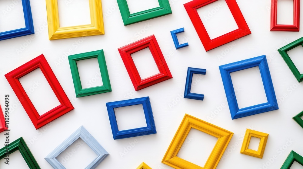 Empty, multicolored picture frames scattered across a white background, symbolizing societal acceptance and inclusion Empty, multicolored picture frames scattered across a white background, symbolizing societal acceptance and inclusion