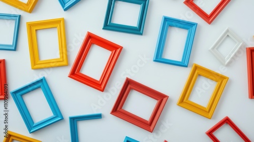 Empty, multicolored picture frames scattered across a white background, symbolizing societal acceptance and inclusion