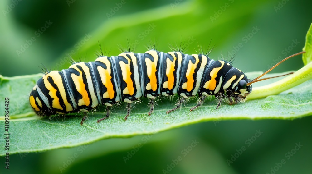 Black Yellow Striped Caterpillar Crawls On Green Leaf Black Yellow Striped Caterpillar Crawls On Green Leaf