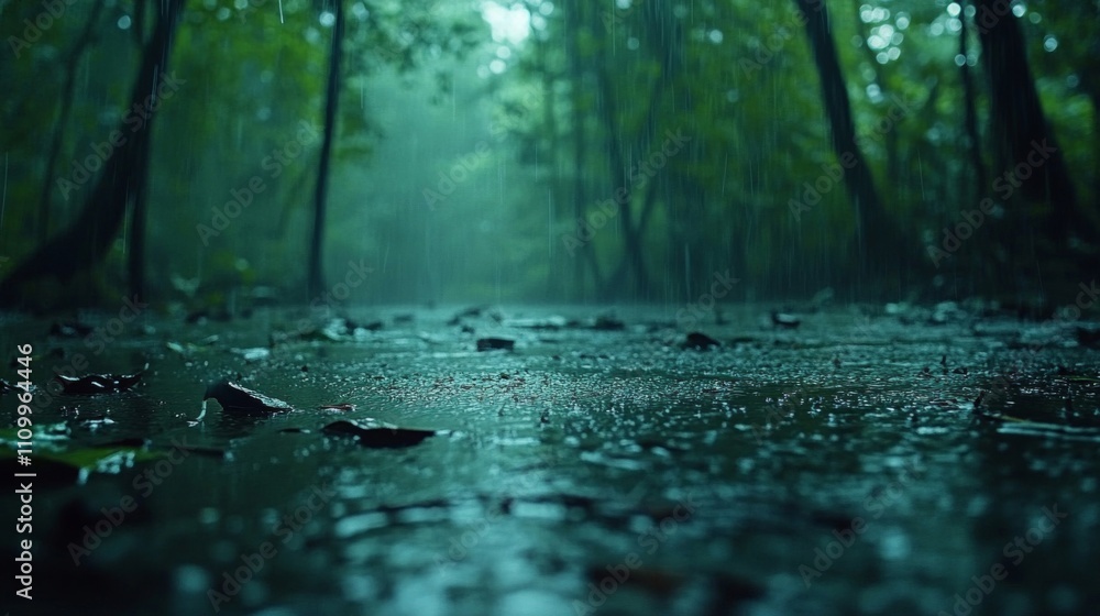 Fototapeta premium Rain-soaked Forest Path with Fallen Leaves