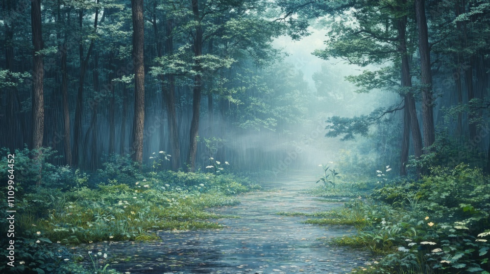 Obraz premium A misty forest path with rain and greenery