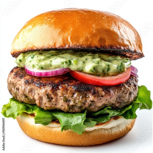 A gourmet turkey avocado burger with cilantro-lime aioli, isolated white background, impressionism art style photo