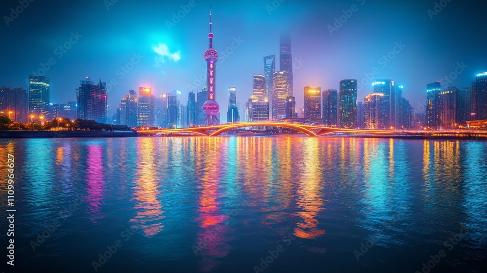 Fototapeta premium Nighttime cityscape of Shanghai with the Oriental Pearl Tower and a bridge reflecting in the water