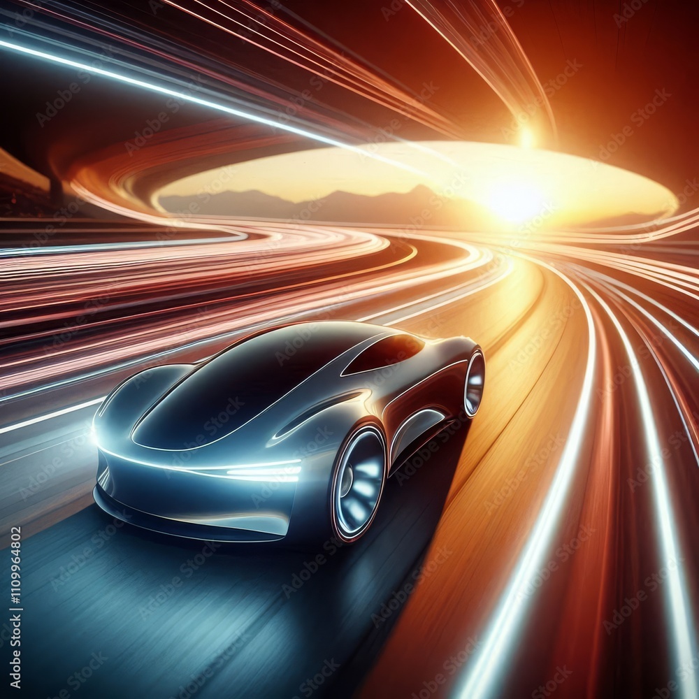 futuristic car drives at high speed along a serpentine road towards the sunset futuristic car drives at high speed along a serpentine road towards the sunset