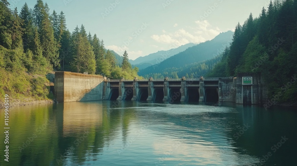Concrete Dam Structure with Lush Green Forest and Calm Water Concrete Dam Structure with Lush Green Forest and Calm Water
