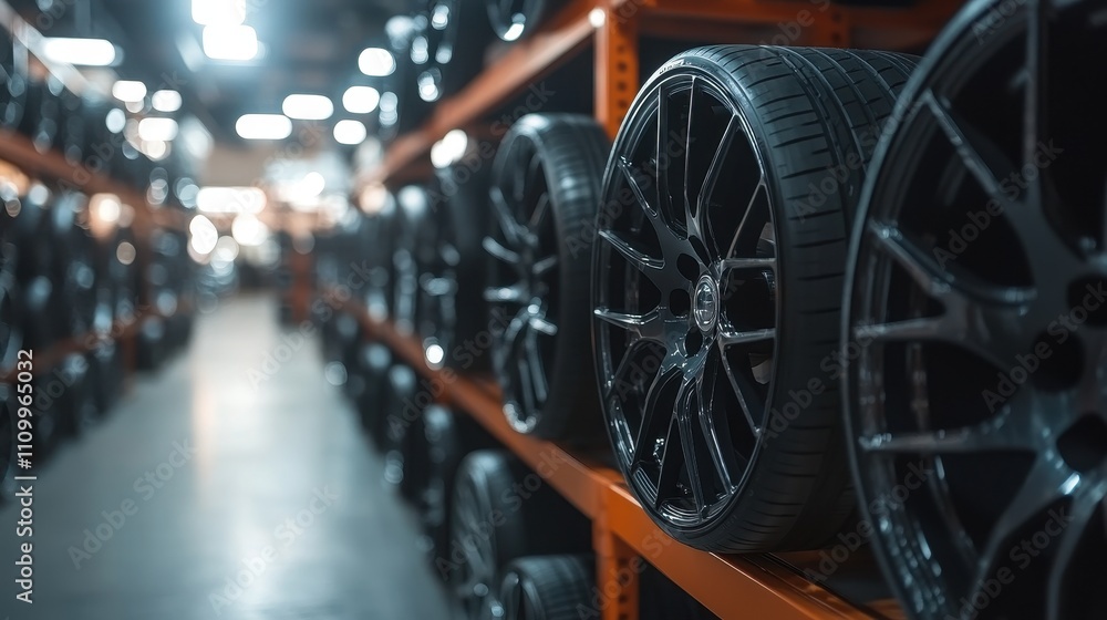 Sleek black alloy rims on tire rack. Perfect for automotive, car parts, or tire shops. Sleek black alloy rims on tire rack. Perfect for automotive, car parts, or tire shops.