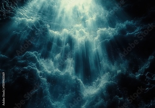 Dramatic Underwater Scene with Light Breaking Through Waves in a Murky Ocean Environment Captivating View of the Depths Below the Surface