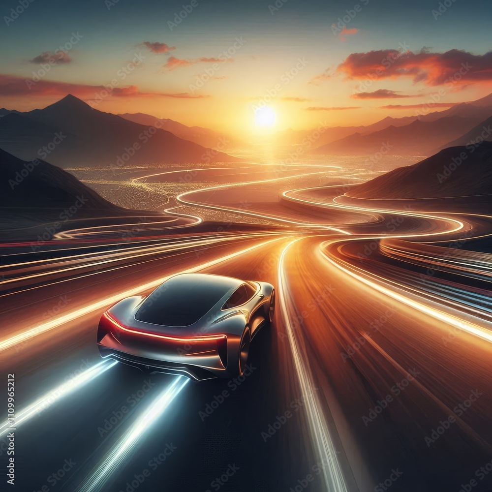 Obraz premium futuristic car drives at high speed along a serpentine road towards the sunset