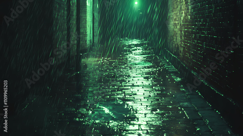 Rain illuminated by green lights falling on a wet brick-paved alley, creating a moody and atmospheric scene. Illuminated. Illustration photo