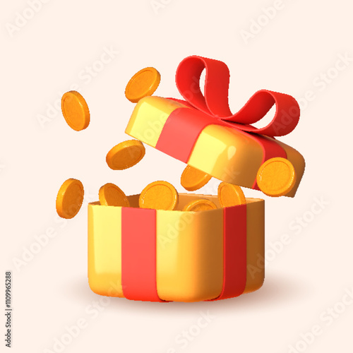 3D open gift box spilling gold coins, symbolizing gifts and surprises.