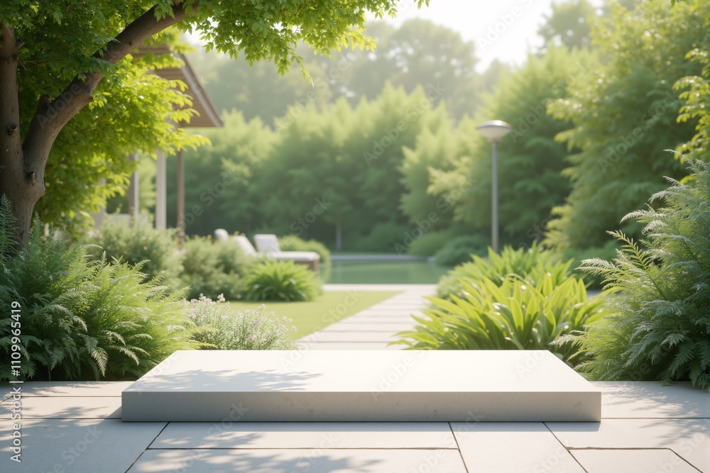 Fototapeta premium Serene Garden Pathway Platform Summer Luxury Landscape Design