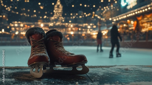 Ice Skates Resting by a Snowy Ice Rink at Night