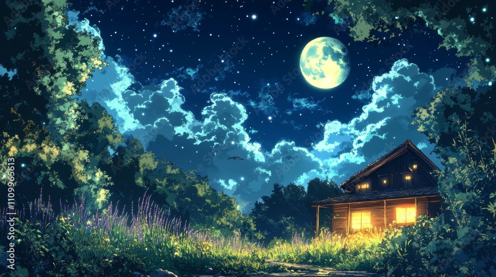 A cozy cabin with glowing windows sits nestled in a lush forest under a starry night sky with a full moon. A cozy cabin with glowing windows sits nestled in a lush forest under a starry night sky with a full moon.