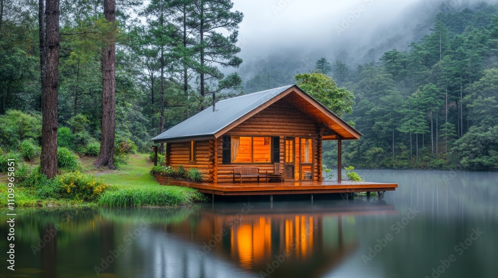 A cozy wooden cabin sits on a dock overlooking a misty lake, surrounded by lush green trees. A cozy wooden cabin sits on a dock overlooking a misty lake, surrounded by lush green trees.