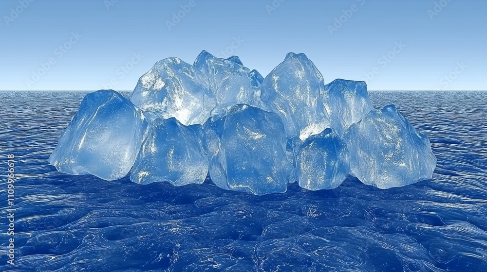 A large chunk of ice floats in the blue ocean. A large chunk of ice floats in the blue ocean.