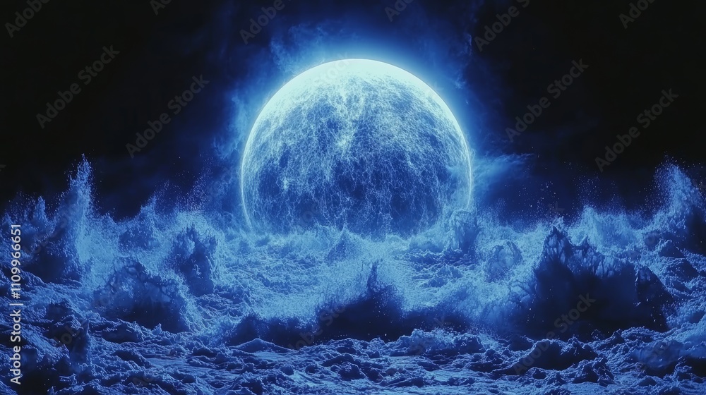 A large, full blue moon shines brightly over a stormy, turbulent sea. A large, full blue moon shines brightly over a stormy, turbulent sea.