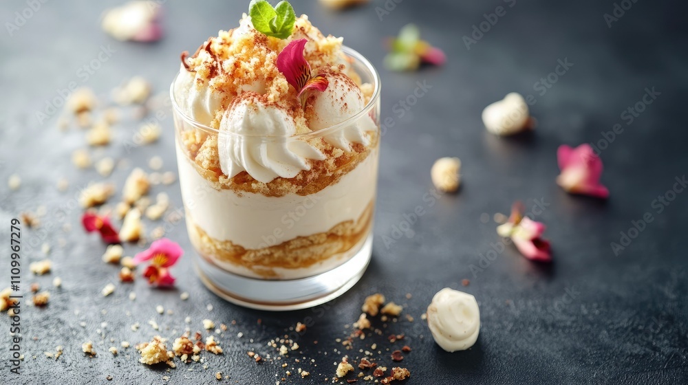 Indulgent creamy dessert with artistic layering, adorned with delicate toppings on a modern surface Indulgent creamy dessert with artistic layering, adorned with delicate toppings on a modern surface