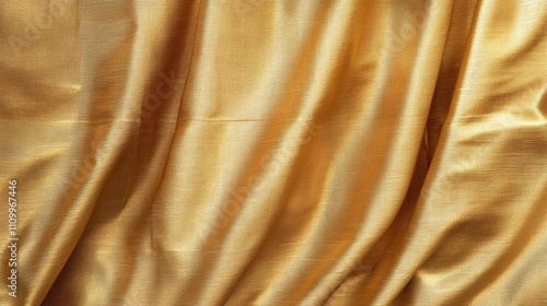 Luxurious golden curtain with elegant folds and a shimmering metallic finish, ideal for interior design, stage backdrops, or decorative settings that evoke sophistication and opulence. photo