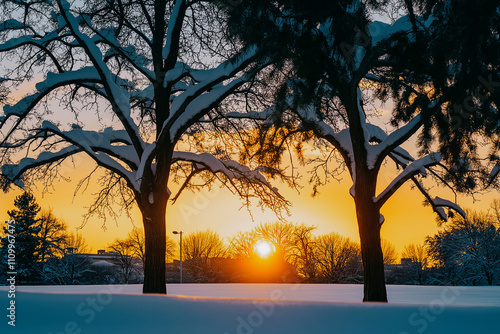 冬の雪景色と夕焼けの木々 | 静寂な冬の夕暮れ | 雪に覆われた公園のサンセット
