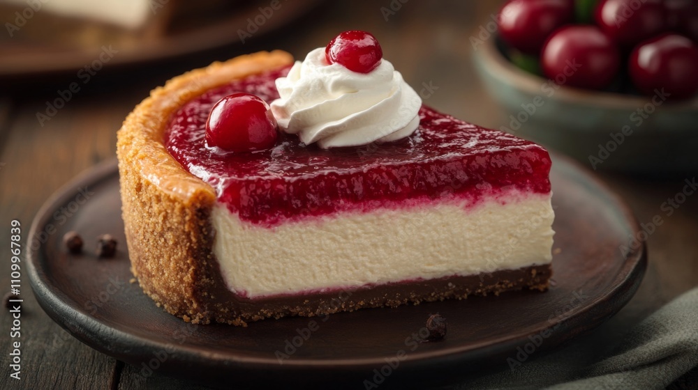 A Slice of Cheesecake Topped with Whipped Cream and Cherry Sauce A Slice of Cheesecake Topped with Whipped Cream and Cherry Sauce