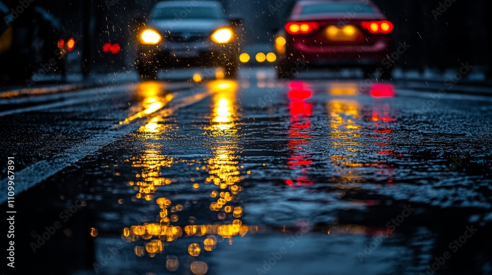 A low angle view of a wet road with car headlights reflecting in puddles. A low angle view of a wet road with car headlights reflecting in puddles.