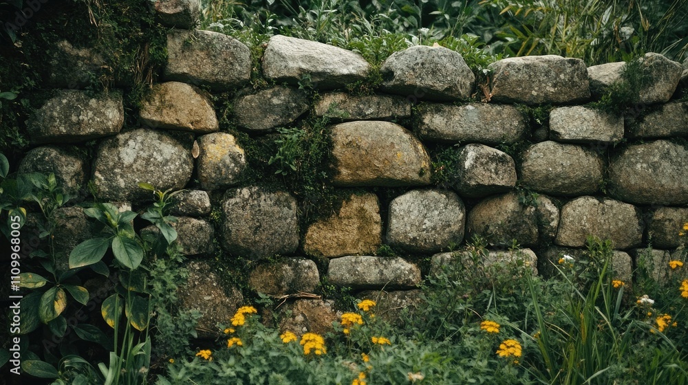 Intricate stone wall in Machu Picchu, with interlocking stones, set against a backdrop of Andean plants and shrubs Intricate stone wall in Machu Picchu, with interlocking stones, set against a backdrop of Andean plants and shrubs