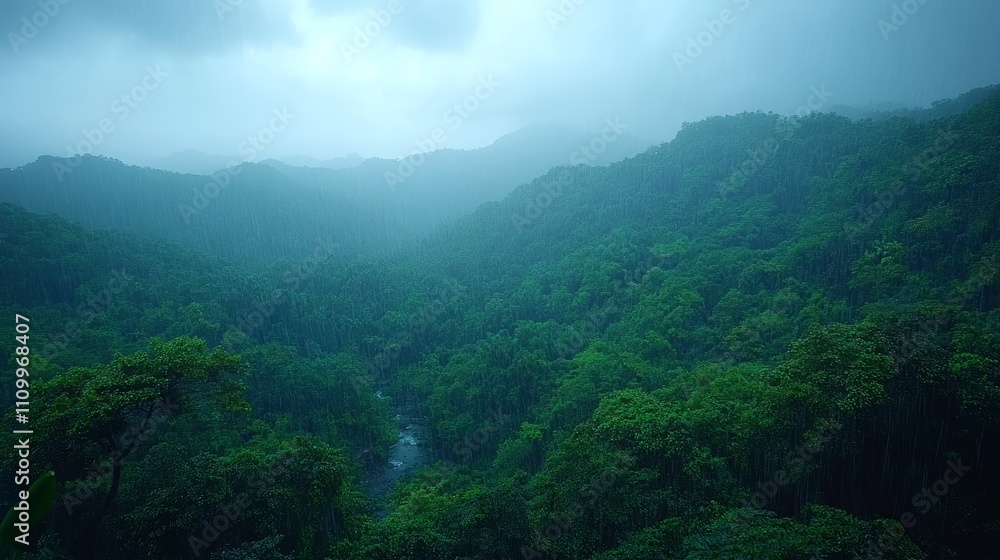 A misty valley with a river running through it, shrouded in fog and rain. A misty valley with a river running through it, shrouded in fog and rain.