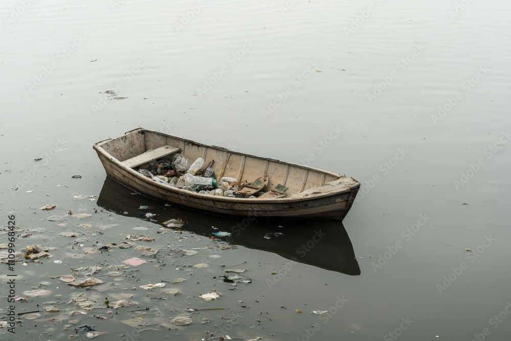 Abandoned Boat, Plastic Pollution, Water Debris, Calm River, Environmental Disaster Abandoned Boat, Plastic Pollution, Water Debris, Calm River, Environmental Disaster