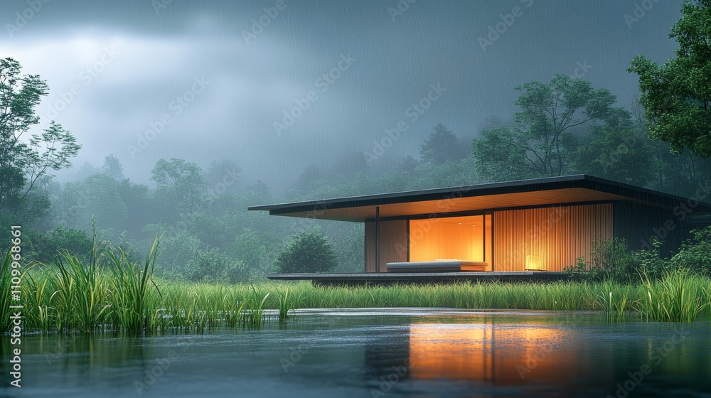 A modern, minimalist house with a wooden deck sits on a small lake in a dense forest. The house is lit from within, casting a warm glow on the water. A modern, minimalist house with a wooden deck sits on a small lake in a dense forest. The house is lit from within, casting a warm glow on the water.