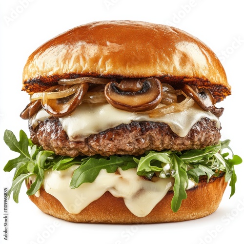 A hearty mushroom and Swiss cheese burger with caramelized onions, arugula, and truffle aioli on a brioche bun