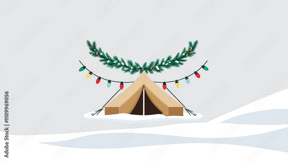 A festive camping scene with a decorated tent in the snow. A festive camping scene with a decorated tent in the snow.