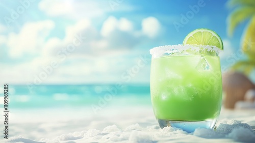 Refreshing Green Cocktail on Beach with Palm Trees and Ocean View