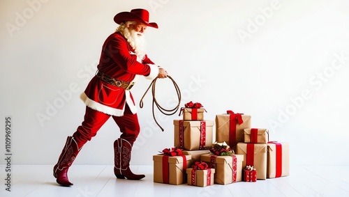 A festive cowboy in red preparing Christmas gifts joyfully.