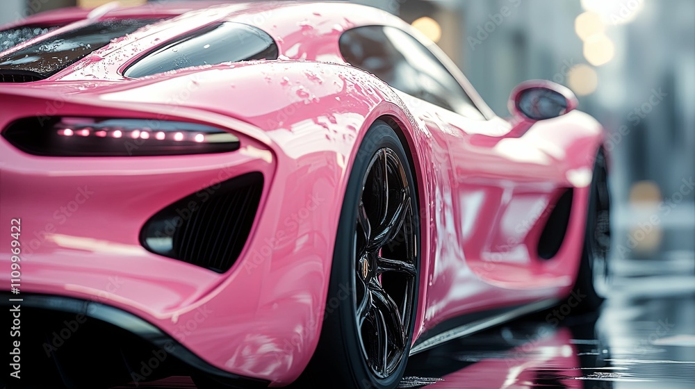 Pink Modern Sports Car Rain Wet Surface Pink Modern Sports Car Rain Wet Surface