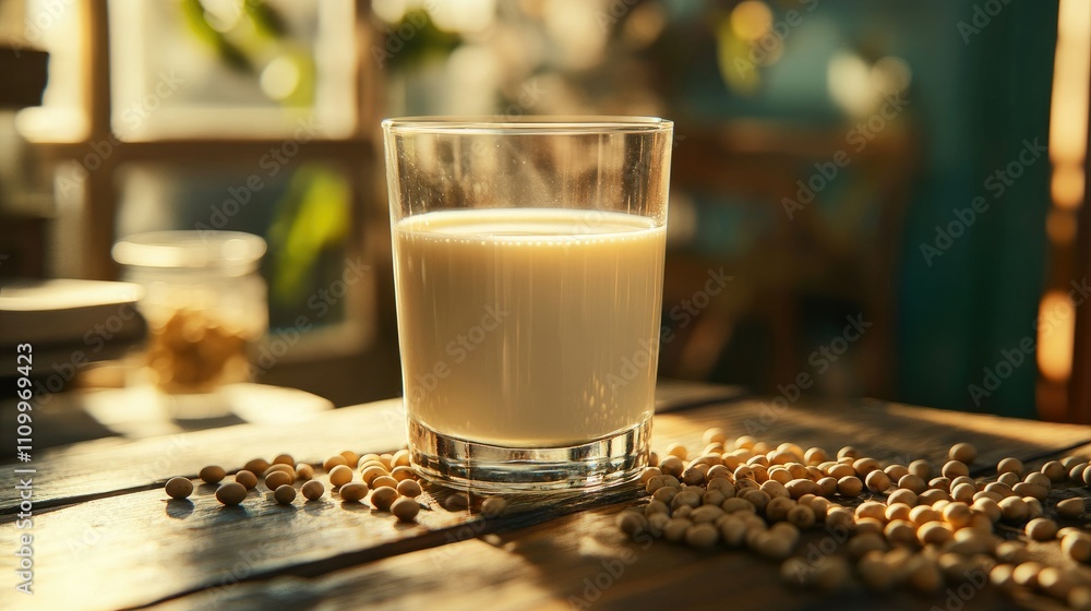 Minimalist presentation of soy milk in a glass, surrounded by soybeans on a rustic wooden table under sunlight Minimalist presentation of soy milk in a glass, surrounded by soybeans on a rustic wooden table under sunlight