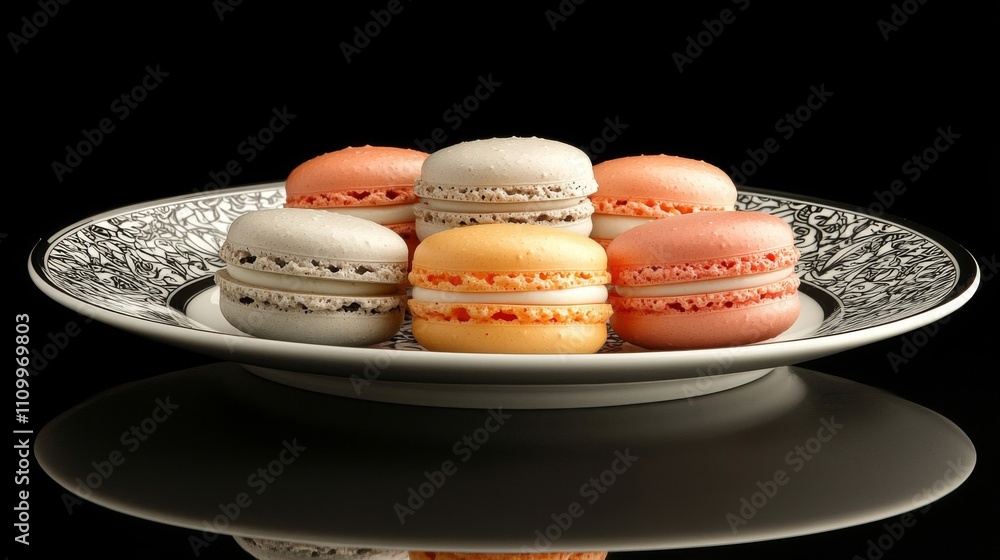 Fototapeta premium Six Colorful Macarons with White Filling on a Plate with Black and White Pattern