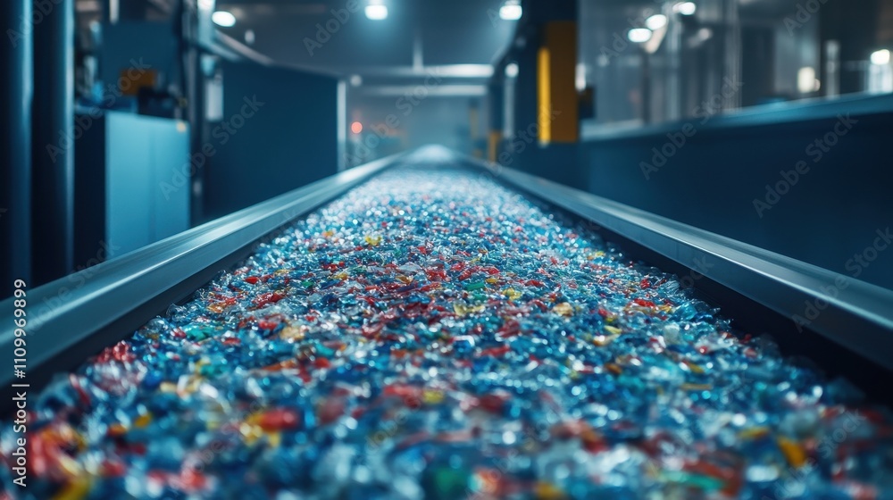Crushed plastic bottles on a conveyor belt in a recycling plant. Shows the process of plastic recycling and resource management. Crushed plastic bottles on a conveyor belt in a recycling plant. Shows the process of plastic recycling and resource management.