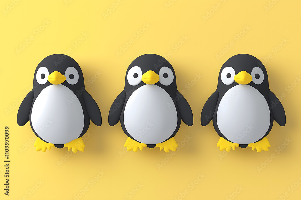 Fototapeta premium Cute 3D Penguin Stickers on Yellow Background